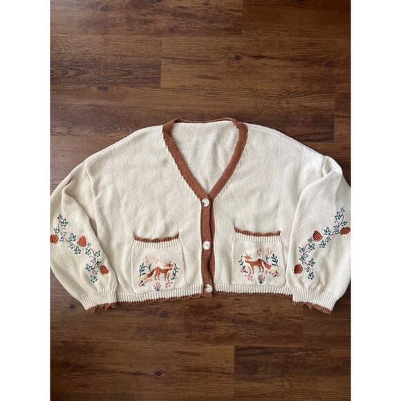 Romwe Sweaters - ROMWE Fairycore Fox and Flower Embroidery Cropped Cardigan Sweater 2XL